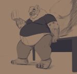  2021 anthro belly big_belly bottomwear clothing dippubear eyewear glasses hi_res humanoid_hands hyaenid male mammal obese obese_male overweight overweight_male pants shirt sitting solo topwear 