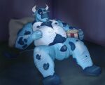  2021 anthro balls bed belly blue_body blue_fur bovid bovine cattle dippubear flaccid food fur furniture genitals hi_res horn humanoid_genitalia humanoid_hands humanoid_penis lying male mammal moobs nipples overweight overweight_male penis pillow popcorn solo 