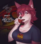  2021 anthro breasts canid clothed clothing dialogue eating english_text female food food_in_mouth hair littlenapoleon mammal meat pink_body pink_eyes pink_hair regys_(carp) short_hair solo text 
