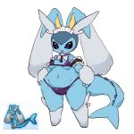  accessory anthro bikini black_sclera blue_eyes breasts clothing eeveelution female headband hybrid lopunny nintendo open_mouth open_smile pok&eacute;mon pok&eacute;mon_(species) simple_background small_breasts smile solo swimwear under_boob vaporeon video_games white_background wide_hips zamuzaza2 