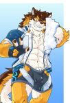  abs anthro barrel_(live-a-hero) bulge canid canine canis clothing grin hi_res lifewonders live-a-hero male mammal muscular muscular_anthro muscular_male ocho_(pixiv) pecs smile solo superhero swimwear video_games wet wolf 