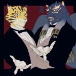  anthro black_body black_fur bow_tie clothing duo felid formal_wear fur gloves handwear hi_res izm_rm7 leopard lifewonders male mammal ose_(tas) pantherine reaching_towards_viewer smile spots spotted_body spotted_fur suit tezcatlipoca tokyo_afterschool_summoners video_games wings 