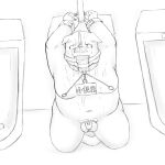  2021 anthro balls bathroom belly bodily_fluids bound chastity_cage chastity_device crying domestic_pig genitals jackboot_ihi male mammal navel nipples overweight penis solo suid suina sus_(pig) tears young 