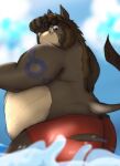  2021 asinus belly brown_body brown_fur butt clothing cloud dippubear donkey equid equine eyewear fur hi_res humanoid_hands male mammal obese obese_male outside overweight overweight_male solo sunglasses swimwear tattoo water 