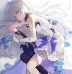  1girl absurdres asymmetrical_gloves bangs black_gloves blue_eyes blue_flower dress flower gloves hair_between_eyes highres honkai_(series) honkai_impact_3rd kiana_kaslana kiana_kaslana_(herrscher_of_flamescion) long_hair looking_at_viewer lying mismatched_gloves on_side open_mouth ponytail remy5621 sleeveless sleeveless_dress solo tiara white_dress white_gloves 