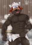  abs accessory anthro bathing black_body black_fur blush bodily_fluids canid canine canis chang52084 domestic_dog flaccid foreskin fur genitals hair headband hot_spring lifewonders male mammal muscular muscular_anthro muscular_male nipples pecs penis scar solo sweat tadatomo tokyo_afterschool_summoners towel video_games water white_hair 