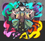  1girl aura black_footwear black_headwear blonde_hair boots cape closed_mouth constellation_print full_body green_skirt hair_between_eyes hat highres kamabokopic long_hair matara_okina orange_cape orange_sleeves skirt smile solo tabard touhou wide_sleeves yellow_eyes zoom_layer 