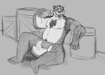  2020 anthro badger box bulge clothing container dippubear food hi_res humanoid_hands male mammal mustelid musteline nipples sitting slightly_chubby solo underwear 