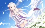  1girl bangs blue_sky breasts closed_mouth cloud cloudy_sky commentary day detached_sleeves dress emilia_(re:zero) eyebrows_visible_through_hair flower frills gem hairband hand_up highres jewelry leaf long_sleeves looking_at_viewer medium_breasts purple_eyes re:zero_kara_hajimeru_isekai_seikatsu revision sky smile solo standing thighhighs white_dress white_flower white_hair white_hairband white_legwear wide_sleeves yasuharasora 