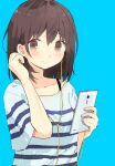  1girl blue_background blush breasts brown_eyes brown_hair cellphone closed_mouth collarbone earphones eyebrows_visible_through_hair hair_between_eyes holding holding_phone horizontal_stripes looking_at_viewer medium_hair original phone shirt short_sleeves small_breasts smartphone solo striped striped_shirt tamagogayu1998 upper_body 
