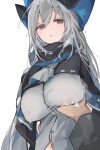  1boy 1girl arknights bangs blush breast_grab breast_milk breasts grabbing hat hetero highres lactation large_breasts looking_at_viewer mikojin nipples no_bra pov red_eyes silver_hair skadi_(arknights) upper_body white_hair 