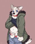  anthro asnnonaka black_nose blue_eyes canid canine canis chastity_cage chastity_device clothed clothing clothing_lift coat collar digital_media_(artwork) domestic_dog eyebrows flashing fur genitals hi_res husky lenny_(asnnonaka) looking_at_viewer male mammal multicolored_body multicolored_fur neck_tuft nordic_sled_dog pants_down partially_clothed penis portrait presenting presenting_balls presenting_penis shirt shirt_lift simple_background solo spitz thick_eyebrows three-quarter_portrait topwear tuft two_tone_body two_tone_fur underwear whisker_spots white_body white_fur 