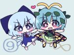  2girls :d antennae aqua_hair barefoot blue_background blue_bow blue_dress blue_eyes blue_hair blush_stickers bow butterfly_wings chibi cirno collared_shirt dress eternity_larva eyebrows_visible_through_hair fairy full_body green_dress hair_between_eyes hair_bow heart highres leaf leaf_on_head multicolored_clothes multicolored_dress multiple_girls outstretched_arms puffy_short_sleeves puffy_sleeves purple_eyes shin16 shirt short_hair short_sleeves simple_background single_strap smile spread_arms touhou white_shirt wings 