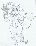  absurd_res anthro antoinette_(el_senor_erizo) breasts canid canine container cup el_senor_erizo female fox fur hair hi_res humanoid mammal monochrome nipples nude open_mouth pose simple_background smile solo sparkles spindandcloths traditional_media_(artwork) 