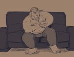 2021 anthro belly bottomwear clothing controller dippubear eyewear felid furniture game_controller gaming glasses hi_res humanoid_hands lion male mammal moobs nipples overweight overweight_male pantherine pants playing_videogame sitting sofa solo tongue tongue_out 
