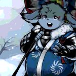  anthro asian_clothing belly blue_body blue_eyes blue_fur clothing east_asian_clothing fur inaba_(tamacolle) japanese_clothing lagomorph leporid makeup male mammal overweight rabbit snow solo tamacolle umbrella yusan_137 
