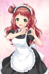  1girl agatsuma_ren alternative_girls apron black_dress dress eyebrows_visible_through_hair fang green_eyes heart heart_hands highres long_hair looking_at_viewer maid maid_headdress official_art open_mouth pink_background red_hair smile solo white_apron 