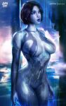  1girl absurdres black_hair blue_skin breasts cleavage colored_skin cortana game_console halo_(series) halo_infinite highres lingerie logan_cure purple_eyes purple_lips reward_available short_hair solo spandex thick_lips thighs underwear virtual_reality xbox 