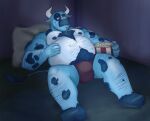  2021 anthro bed belly blue_body blue_fur bovid bovine bulge cattle clothing dippubear food fur furniture hi_res horn humanoid_hands lying male mammal moobs nipples overweight overweight_male pillow popcorn solo underwear 