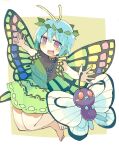  1girl antennae aqua_hair bare_legs barefoot baron_(x5qgeh) blush brown_eyes butterfly_wings butterfree crossover dress eternity_larva fairy green_dress leaf leaf_on_head multicolored_clothes multicolored_dress open_mouth outstretched_arms pokemon short_hair short_sleeves single_strap smile spread_arms touhou wings 