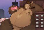  2021 anthro asinus belly brown_body dessert dippubear donkey doughnut equid equine food genitals hi_res humanoid_hands macro male mammal moobs navel nipples obese obese_male outside overweight overweight_male penis sitting solo 