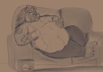  2021 anthro belly big_belly bottomwear clothing dippubear furniture hi_res humanoid_hands hyaenid male mammal obese obese_male overweight overweight_male pants sitting sofa solo 
