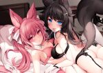  2girls animal_ears ass bed black_bra black_hair black_panties blue_eyes blush bra breasts bright_pupils fox_ears fox_tail garter_belt girl_on_top gloves hair_ornament hair_ribbon hairclip large_breasts long_hair lying mouth_hold multiple_girls neck_ribbon on_bed original panties pillow pink_eyes pink_hair ribbon ribbon_in_mouth symbol-only_commentary tail thong twintails underwear white_gloves yuri zerocat 