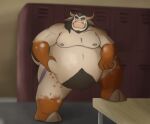  2020 anthro belly bovid bovine cattle detailed_background dippubear hi_res horn humanoid_hands inside locker_room male mammal moobs nipples obese obese_male overweight overweight_male solo 