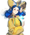  1girl blue_hair breasts brown_eyes dragon_quest dragon_quest_vii dress fosse_(dq7) hair_bobbles hair_ornament hat long_hair looking_at_viewer magic robe simple_background solo tetuhei twintails white_background 