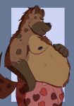  2021 anthro belly black_nose brown_body brown_fur bulge clothing dippubear fur hi_res humanoid_hands hyaenid male mammal moobs nipples overweight overweight_male simple_background solo underwear 