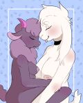  anthro big_breasts bovid breasts caprine digital_media_(artwork) domestic_sheep duo female female/female goat hi_res horn mammal nipples ohtim_othy sheep simple_background size_difference slightly_chubby small_breasts tongue white_body 