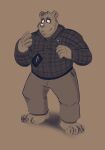  2021 anthro belly bottomwear cellphone clothing dippubear eyewear glasses hi_res humanoid_hands male mammal overweight overweight_male pants phone shirt simple_background smartphone solo topwear ursid 