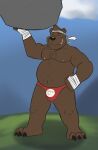  2020 anthro belly black_nose brown_body brown_fur bulge clothing dippubear eyes_closed fur hi_res humanoid_hands male mammal moobs nipples outside overweight overweight_male solo underwear ursid 