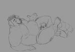  2021 anthro belly bulge canid canine canis clothing domestic_dog duo horrorbuns humanoid_hands lying male mammal moobs nipples overweight overweight_male procyonid raccoon simple_background size_difference sketch underwear 