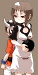  1boy 1girl ayame_(0419) bandages black_hair bomb breasts closed_mouth dress grey_eyes grey_hair horns ico ico_(character) short_hair simple_background tabard white_dress wristband yorda 