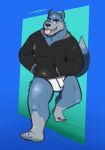  2020 anthro black_nose blue_body blue_fur canid canine canis clothing dippubear fur hi_res hoodie hoodie/briefs_meme male mammal meme one_eye_closed solo tongue tongue_out topwear white_briefs wink wolf 