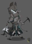  ambiguous_gender anthro armor biped black_body black_fur canid canine clothed clothing fox fully_clothed fur furgonomics grey_background hood human mammal melee_weapon multicolored_body multicolored_fur simple_background solo standing two_tone_body two_tone_fur weapon white_body white_fur wolfdawg 