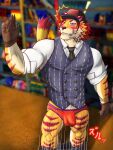  ! anthro blush bulge clothed clothing embarrassed erection erection_under_clothing felid gloves handwear hi_res lifewonders male mammal muscular muscular_anthro muscular_male necktie nomad_(tas) pantherine shocked_expression solo tenting tiger tokyo_afterschool_summoners topwear underwear vest video_games yom_mido_plus 