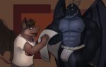  2020 anthro black_body brown_body bulge chiropteran clothing dippubear dragon duo eyewear glasses hi_res humanoid_hands jockstrap male male/male mammal muscular muscular_male nipples shirt topwear towel underwear 