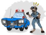  2021 anthro car carmen_montoya classic_car clothing digitigrade dodge_(brand) female florapupp gun hi_res necktie police_baton police_car police_hat police_uniform radio ranged_weapon sketchywolf-13 solo surprised_expression uniform vehicle weapon 