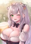  1girl alcohol animal_ears animal_print bangs beer beer_mug black_bow black_bowtie bow bowtie breasts cleavage cow_ears cow_print cup deaver eyebrows_visible_through_hair flower green_eyes hair_flower hair_ornament highres hololive large_breasts long_hair looking_at_viewer mug one_eye_closed shirogane_noel silver_hair smile solo upper_body virtual_youtuber 