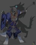  anthro armor biped canid canine canis clothed clothing flail fully_clothed furgonomics grey_background headgear helmet hi_res male mammal medieval melee_weapon runes shield simple_background solo standing weapon wolf wolfdawg 