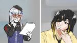  2girls bow glasses hair_bow hk416_(girls&#039;_frontline) m16a1_(girls&#039;_frontline) middle_finger multicolored_hair multiple_girls paper parody rd_(ard_kc) 