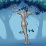  anthro blue_body breasts brown_body butt c91 female green_hair hair hi_res humanoid inanimate_transformation nude plant solo species_transformation transformation tree 
