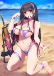  1girl assault_rifle bangs bare_shoulders barefoot bikini black_hair blush breasts brown_eyes bullpup cleavage closed_mouth collarbone earrings eyebrows_visible_through_hair girls&#039;_frontline gun hair_between_eyes hairband highres hoop_earrings jewelry kneeling large_breasts legs long_hair looking_at_viewer nail_polish navel ocean pink_nails popoman purple_bikini purple_hairband purple_nails purple_swimsuit qbz-95 rifle sand simple_background smile solo swimsuit toenail_polish toenails toes type_95_(girls&#039;_frontline) water weapon 