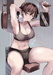  1girl absurdres breasts brown_hair cleavage exercise_machine gym gym_shorts highres kyoyakyo large_breasts midriff original short_ponytail shorts sitting solo sports_bra steam towel tsurime 