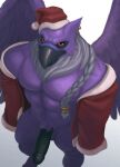  anthro beak black_penis christmas christmas_clothing clothed clothing ear_piercing genitals hat headgear headwear hi_res high-angle_view holidays looking_at_viewer lord_kass male muscular muscular_male partially_clothed penis piercing purple_body simple_background solo wings 