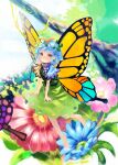  1girl antennae aqua_hair barefoot blue_flower brown_eyes butterfly_wings day dress eternity_larva fairy flower green_dress hair_between_eyes highres leaf leaf_on_head multicolored_clothes multicolored_dress open_mouth pink_flower short_hair short_sleeves single_strap solo touhou wings zhu_xiang 