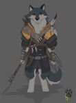  2017 anthro armor biped bone bracers canid canine canis cape claw_marks clothed clothing eye_scar facial_scar fully_clothed grey_background hi_res knife male mammal melee_weapon montana_(wolfdawg) pauldron polearm scar simple_background solo spear weapon weapon_on_back wolf wolfdawg 