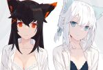  2girls animal_ears bad_id bad_twitter_id black_bra blue_eyes bra breasts brown_hair cleavage closed_mouth copyright_request fox_ears looking_at_viewer multiple_girls nagishiro_mito open_clothes open_shirt red_eyes shirt simple_background underwear white_background white_bra white_hair white_shirt 